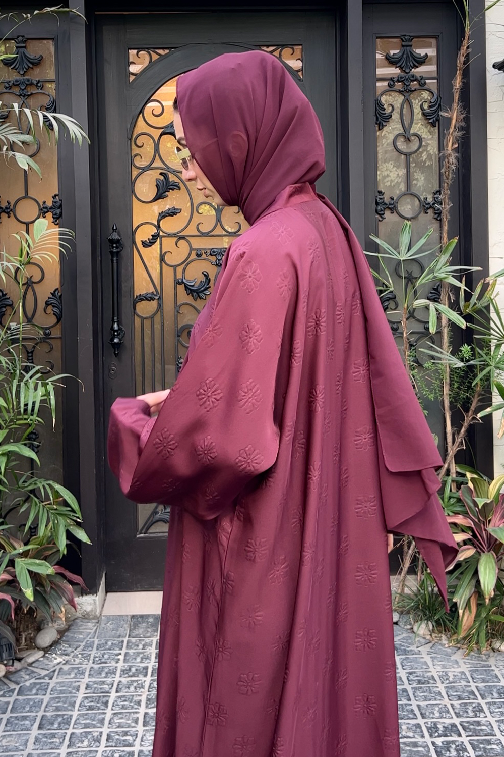 Floral Embossed Abaya Set | Maroon